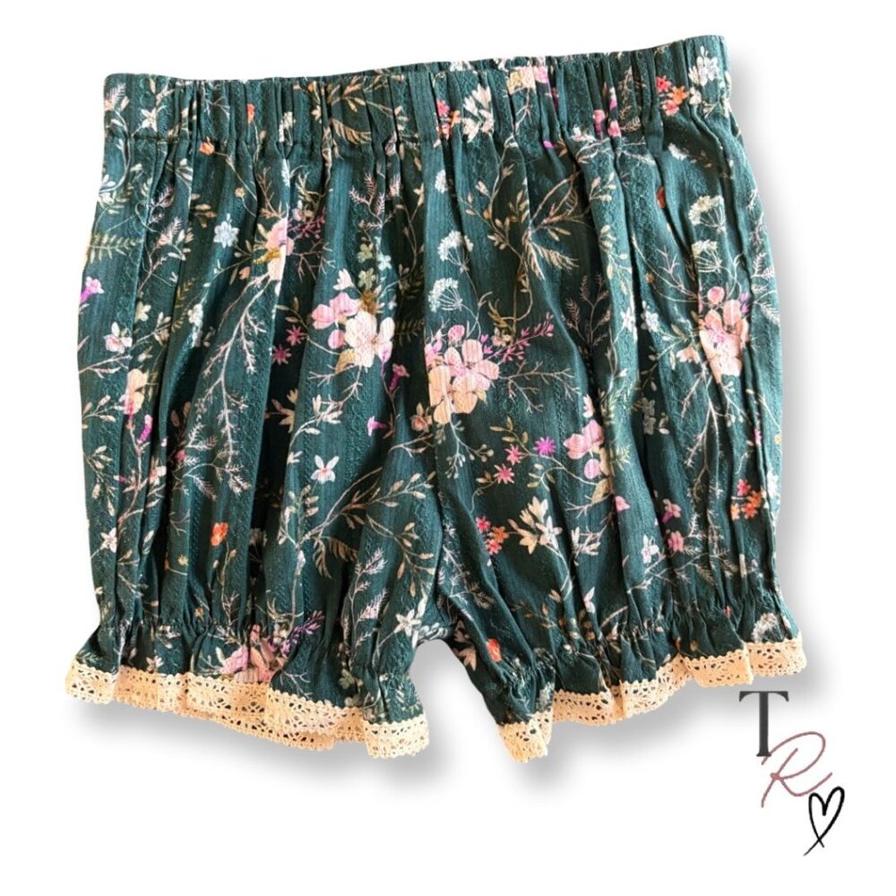 Makena Lane Easter Floral Lace Trim Bloomers in Green Girls Size 7